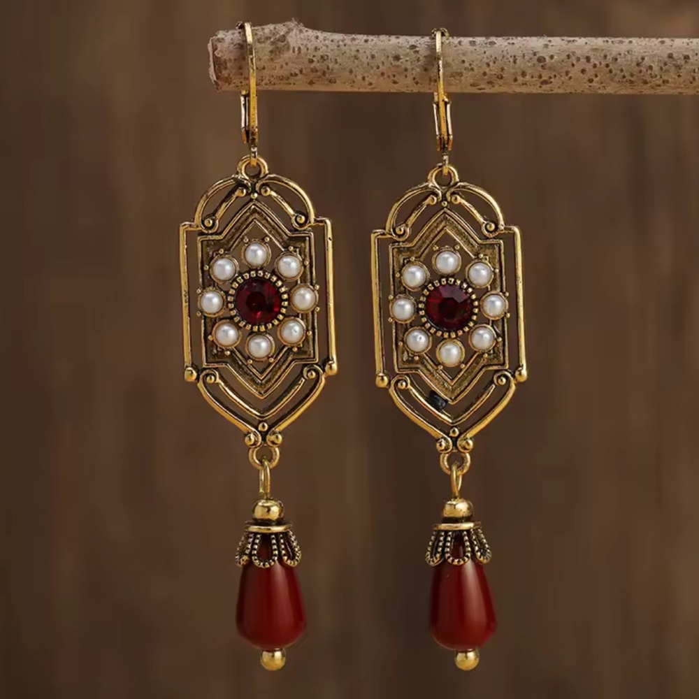 Gold and Red Drop Earrings with Pearl Accents